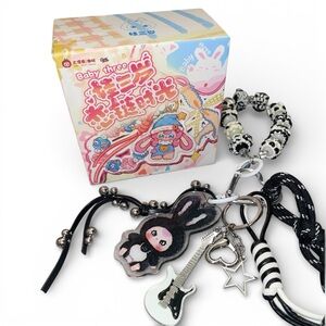 Baby Three Keychain Black & White with Guitar and Bunny Charms